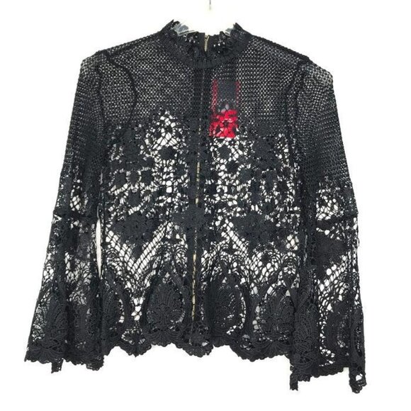 NWT Bold Womens S Black Crochet Lace Blouse Bell Sleeve Exposed Zipper Sheer - Picture 1 of 12